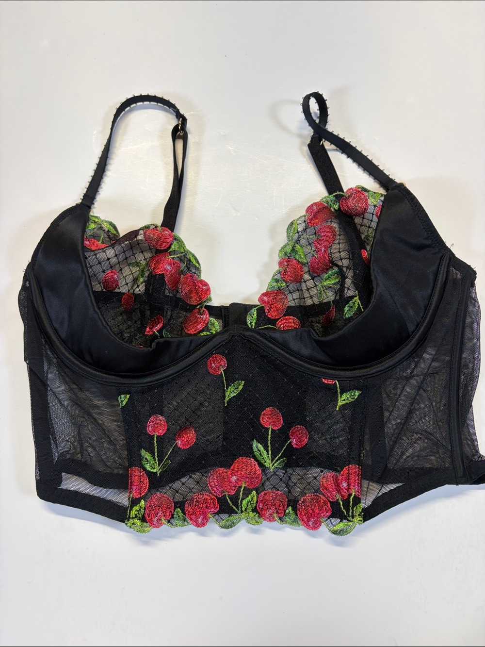 Black Sheer Cherry Embroidered Corset Bustier Crop Top Bralette Size Small
